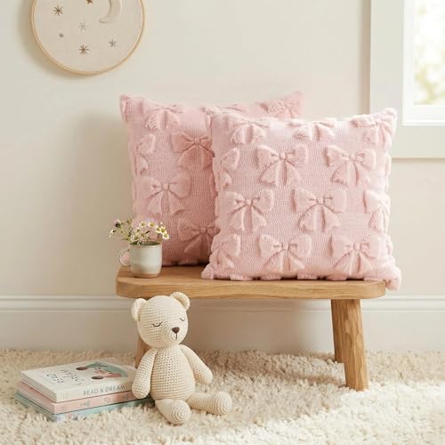 NAPEARL Throw Pillow Covers 18x18 with Pink Bow Decor, Cute Throw Pillows for Teen Girl Room Velvet Soft Plush Faux Fur Bedroom Sofa Holiday Home Decor Baby Girl - color: Pink Multiple Bows, size: 18" x 18" (Pack of 2)