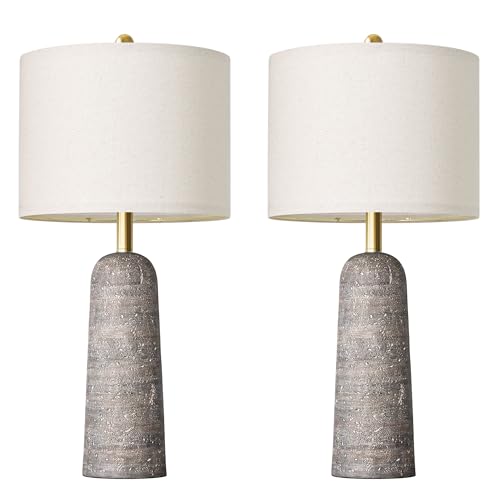 BOBOMOMO 27.25" Modern Table Lamp Set of 2, Light Grey Resin Table Lamps with Stone Look, Lamps for Living Room with Linen Shades, Bedroom Nightstand Lamps, Table Lamps for Living Room End Tables - color: Light Gray, size: 27.25"