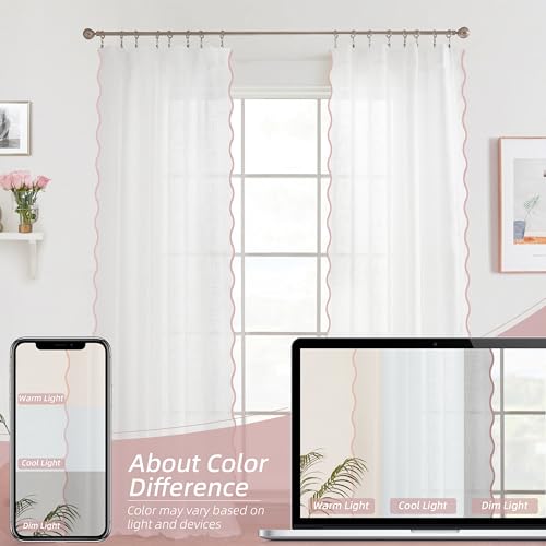 DriftAway Semi Sheer Scalloped Edge White Coastal Beach Window Curtains for Living Room Bedroom 2 Panels Rod Pocket Each Size 52 Inch by 84 Inch Pink - color: White Pink, size: 52"W x 84"L (Pack of 2)