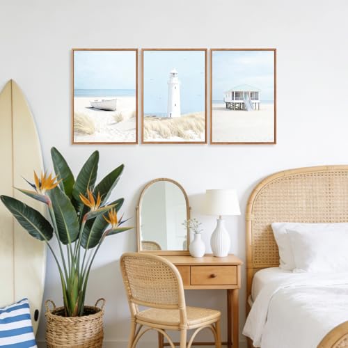 Aurlan 3 Pcs Blue Beach Coastal Framed Canvas Wall Art 16x24 Inch - color: Blue Coastal Beachy Seascape, size: 16"L x 24"W