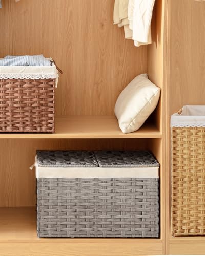 SETVSON Storage Basket with Lid PE Rattan 27.8 Gal Wicker Chest, Gray - color: Gray, size: 105L-25.2L*15.4W*16.1H