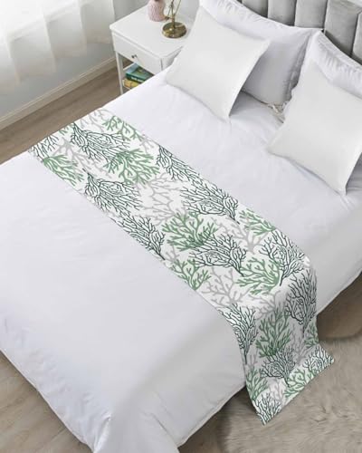 DecorLovee Sage Green Gray Coral Coastal Bed Runners for Queen Size Bed, Summer Beach Bed Throws for Foot of Bed, Sea Nautical Bed Runner Sofa Throw Bedding Scarf Protector Slipcover for Bedroom - color: Sage Green Gray Coral, size: 83"x20" for Queen Bed