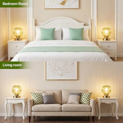 Elenhome Touch Table Lamp Set of 2, 3-Way Dimmable with Glass Shade, USB-C+A Charging Ports, Mid-Century Modern Small Bedside Lamps for Nightstand, Bedroom, and Living Room, LED Bulb Included (Green) - color: Green_2pack