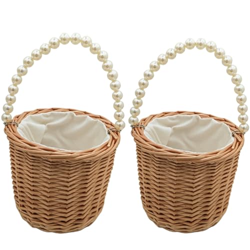 Rustic Wicker Rattan Wedding Flower Girl Baskets,Woven Rattan Storage Basket with Pearl Handles,Woven Eggs Candy Basket for Wedding Home Garden Decor (B- 2PCS) - color: B- 2PCS