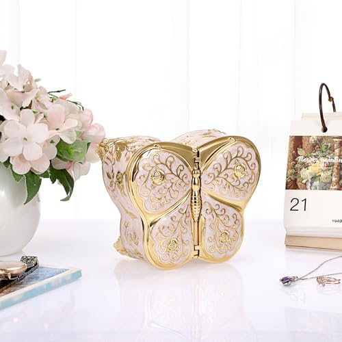 Hipiwe Antique Metal Jewelry Box Butterfly Keepsake Box for Woman, Large - color: Beige, size: Large