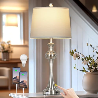 CINSARY Silver Table Lamp for Living Room, 29" Bedside Lamp with USB C+A - color: Silver