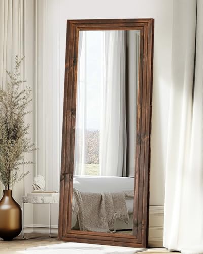 65x24in Full Length Mirror, 3-Tier Stepped Solid Wood Frame, Brown - color: Brown, size: 65"L x 24"W