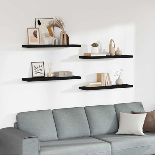 Set of 4 Floating Wall Shelves Black MDF 35.4 x 9.3 x 1.5 in Set of Four Matte Rectangular Display Ledges for Living Room Bedroom Kitchen Bathroom Hallway Decor - color: Black, size: 35.4 x 9.3 x 1.5 in