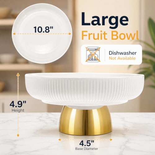 11 Inch Large Ceramic Fruit Bowl, White