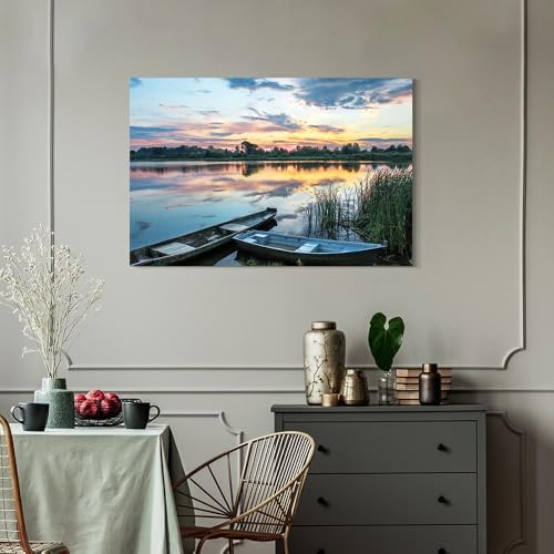 Dream Land Lake Landscape Canvas Wall Art: Green Water Wilderness Painting Relaxing Dusk Scenery Picture for Living Room - color: boat, size: 45"L x 30"W