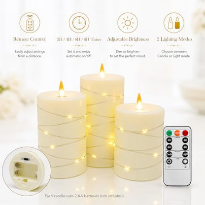 Flickering flameless Candles with String Lights, Battery-Powered, LED Pillar Candles, Candle Set with Remote Control and Timer, 3-piece Candle Set in Ivory White - color: Off-White