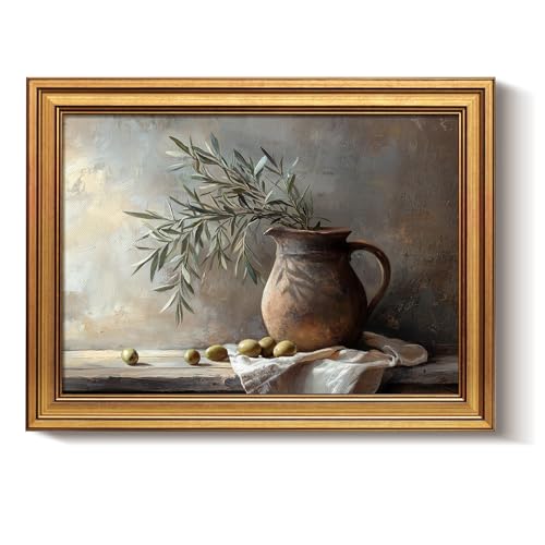 Bzstyleart Vintage Wall Art Decor, Gold Framed Wall Art 12 x 16 Inch Pottery Jar Olive Branch for Office, Canvas Picture Print Painting for Bedroom Living Bathroom Dorm - color: Pottery Jar Olive Branch, size: 16"L x 12"W