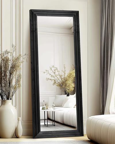 65x24in Full Length Mirror, 3-Tier Stepped Solid Wood Frame, Black - color: Black, size: 65"L x 24"W