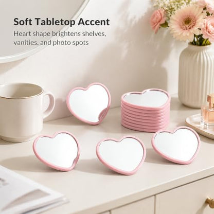 Heart Shaped Decorative Mirror for Desktop Display, Polished Tempered Glass with Plastic Frame, Portable Accent for Home and Party Decor, Pink, 6PCS