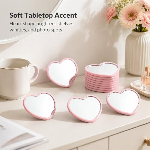 Heart Shaped Decorative Mirror for Desktop Display, Polished Tempered Glass with Plastic Frame, Portable Accent for Home and Party Decor, Pink, 6PCS