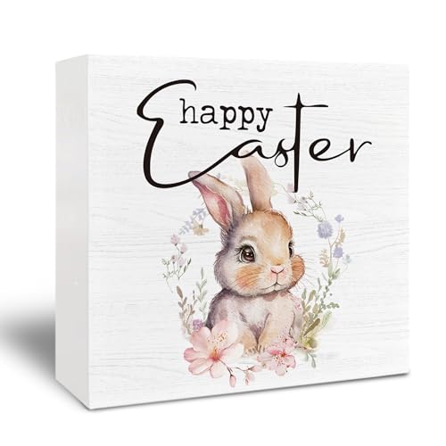 Easter Bunny Wooden Sign - Easter Bunny Decor, Easter Decorations, Spring Easter Desk Decor, Floral Spring Happy Easter Wooden Box Sign for Home Shelf Desk Table 5x5 Inch - color: Bunny