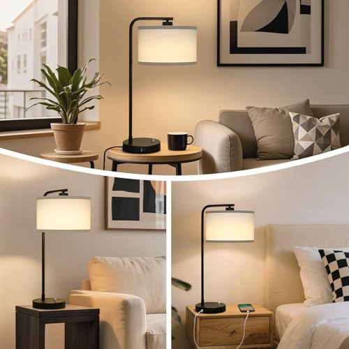 Seaside village Table Lamp for Bedroom with USB C+A Ports, Fully Stepless Dimmable Farmhouse Bedside Lamp Nightstand Light, Tall Reading Desk Lamp for Living Room, Office, 9W LED Bulb Included - color: Black Base with White Shade