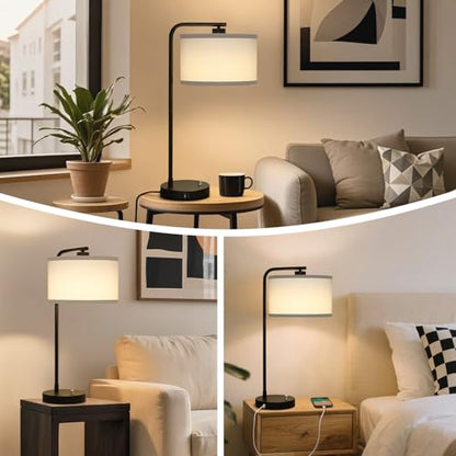 Seaside village Table Lamp for Bedroom with USB C+A Ports, Fully Stepless Dimmable Farmhouse Bedside Lamp Nightstand Light, Tall Reading Desk Lamp for Living Room, Office, 9W LED Bulb Included - color: Black Base with White Shade