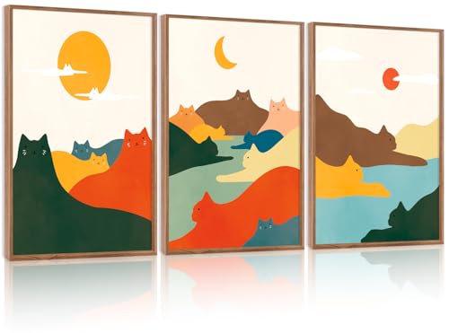 CHDITB Mountain Cats Framed Canvas Wall Art Set Of 3, Abstract Line Nature Landscape Wall Decor, Neutral Animal Wall Painting, Midcentury Modern Art Prints For Cat Lovers Living Room Decor-12 X16 - color: Cat wall art