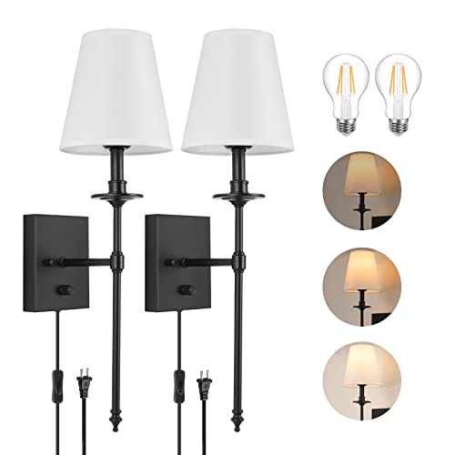 GOODATE Dimmable Wall Sconces Set of Two, Plug in Wall Sconces White Fabric Shade, Wall Lamp for Bedroom, Living Room, Plug in Wall Light Sconces Wall Decor Set of 2, LED Bulbs Included, Black - color: Black