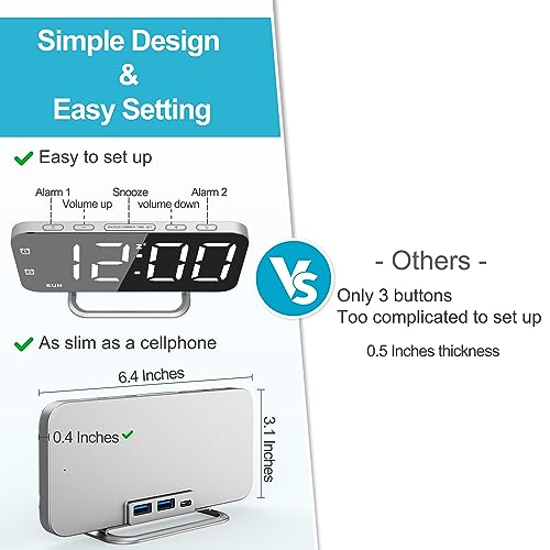 Slim LED Digital Alarm Clock, Mirror Surface for Makeup, with Diming, Large Display, Easy Setting, USB Ports, Modern Decor for Bedroom, Desk, Xmas, Birthday Gift for Women, Sister, Teen Girl, Silver - color: Silver