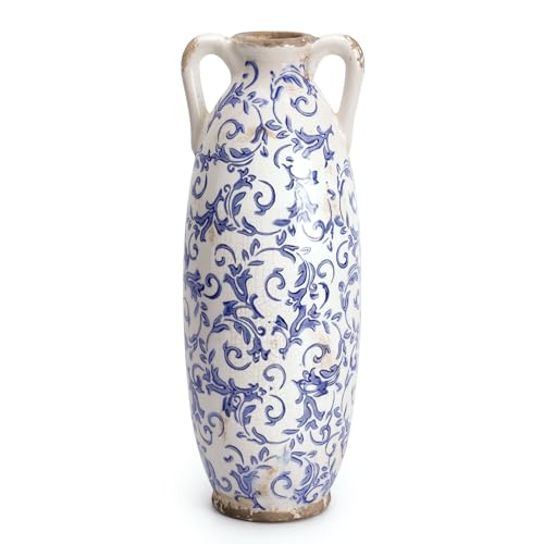 VICTOR & TERESA Blue and White Floor Vase for Pampas Grass, 11'' Tall Vase for Home Decor, Ceramic Farmhouse Decorative Large Vases for Flower, Mantel, Living Room, Shelf, Centerpieces, Gift for Mom - color: Blue and White, size: Medium