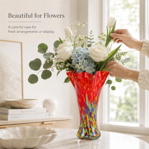 LCCCK 9.0" H Red Glass Vases for Flower, Unique Hand Blown Glass Vase - color: Red Green