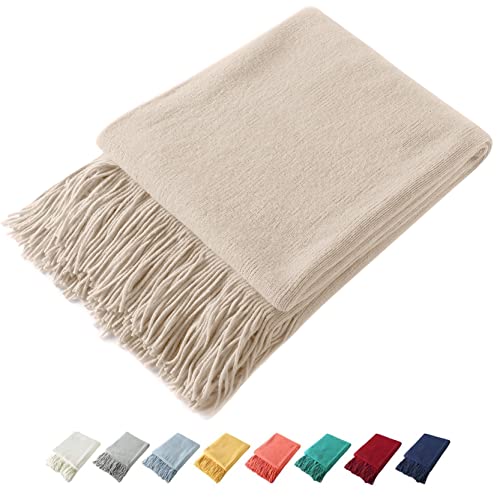 Homiest Taupe Knitted Throw Blanket with Fringe, 50x60 Inch - color: Light Beige, size: 50" x 60"