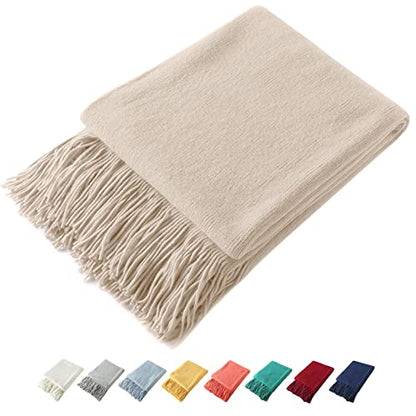Homiest Taupe Knitted Throw Blanket with Fringe, 50x60 Inch - color: Light Beige, size: 50" x 60"