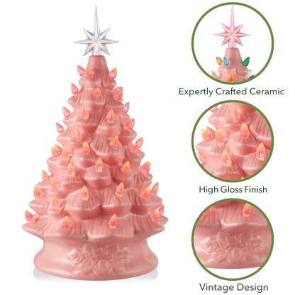 Casafield Hand Painted Ceramic Christmas Tree, Pink 15-Inch Pre-Lit Tree with 128 Multi Color Lights and 2 Star Toppers - color: Pink