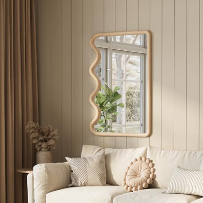 ULIKE 벽용 웨이브 거울, 61x91.4cm(24x36인치) 나무 프레임, 내추럴 - color: 웨이브 우드