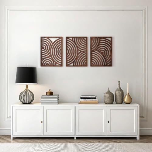 qmmp Modern Wooden Wall Sculptures - Set of 3 - Home Decor Accent - Large Wall Art for Living Room, Bedroom, Office - Easy Installation (Walnut, Large - Orbit) - color: Walnut, size: Large - Round