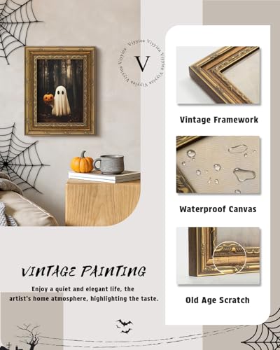 VIYYIEA Gold Framed Pumpkin Ghost Canvas Art, Gothic Halloween, 8x10in - color: Ghost Pumpkin Art, size: 10"L x 8"W