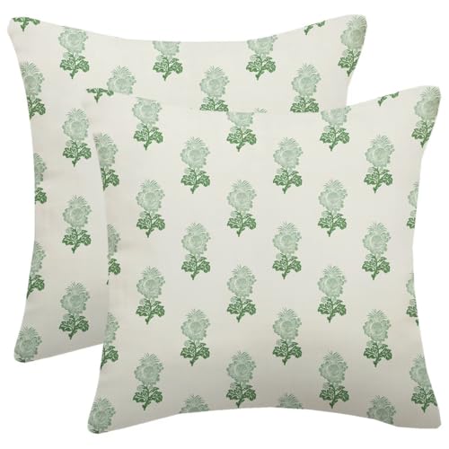 Light Green Block Print Pillow Covers 18X18 Inch Set of 2, Boho Vintage Floral Throw Pillows Farmhouse Spring Summer Flower Outdoor Decorative Cushion Case for Home Sofa Couch Bed - color: Green Block Print, size: 18" x 18" (Pack of 2)