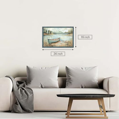 HILL WEST Country Lake Boat Landscape Framed Wall Art, 24x16inch - color: Boat, size: 24"L x 16"W