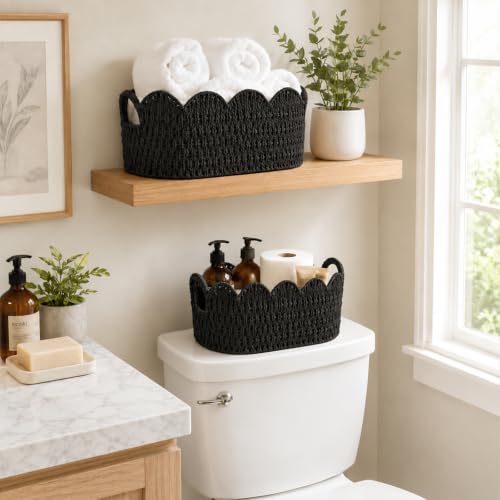 Endymion Set of 2 Paper Rope Scalloped Basket, Wicker Storage Baskets Black - color: Black