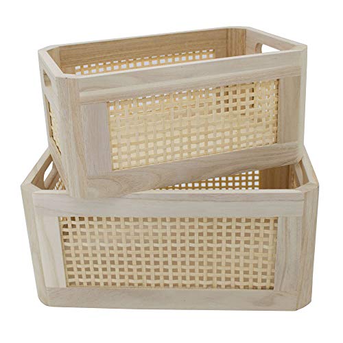 Rattan Woven Wooden Storage Basket Set of 2, Round‑corner Rectangular - size: Rectangle A - 2-Piece Set (Large & Small)