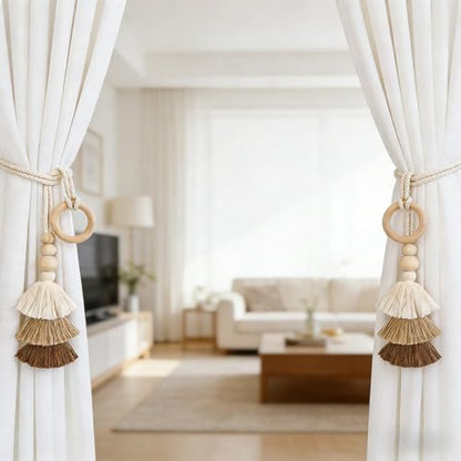 Boho Curtain Tiebacks with Wooden Beads & Tassel 2 Pack, Beige
