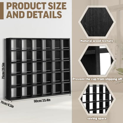 Kigley Oversize Coffee Mug Display Rack Wooden Shelves Rustic Shot Glass Display Case Travel Mug Shelf Wall Mounted Rack Holder Shadow Box(5 x 6,Black) - color: Black, style: 5 x 6