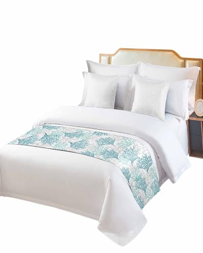 DecorLovee Teal Grey Coral Coastal Bed Runners for Queen Size Bed, Summer Beach Decorative Bed Throws for Foot of Bed, Nautical Bed Runner Sofa Throw Bedding Scarf Protector Slipcover for Bedroom - color: Teal Grey Coral, size: 83"x20" for Queen Bed