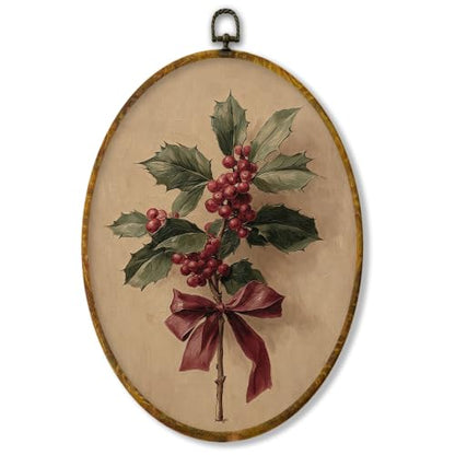 XPH Red Bow Holly Christmas Oval Wall Art Framed 8.6x11.4 Inch - color: Christmas56