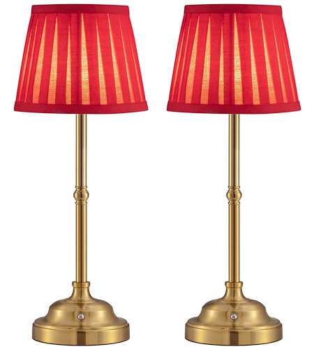 KDG Gold Cordless LED Table Lamps Set of 2, Red Fabric Shade Desk Lamps - color: Gold + Red Lampshade (2 Pack)