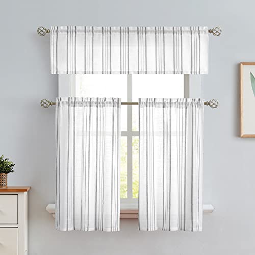 SXZJTEX Cafe Curtains Striped Kitchen Grey 24 Inch Sheer Tiers Pinstripe - color: Grey, size: 27"W x 24"L (Pack of 2)