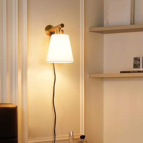 Gold Plug-in Wall Sconces Set of 2, Bedside Lamps With Fabric Linen Shade, Brass Gold Wall Sconce With Cord, Wall Decor Bedroom Lights for Living Room Hallway Porch - color: Gold, size: 6.3in-A