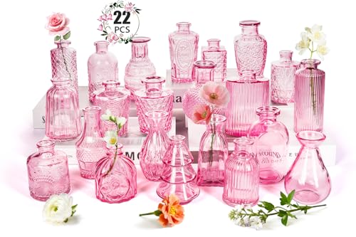 Clear Pink Glass Bud Vase Set of 22 Pcs,Small Bud Vases in Bulk,Glass Crystal Flower Vases Table Centerpieces for Party Event Wedding Decor Baby Shower Decorations (Pink, 22 Pcs) - color: Pink, size: 22 Pcs