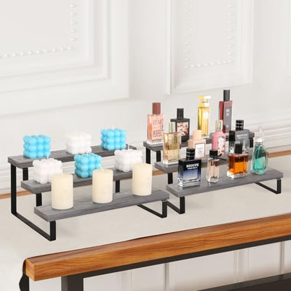 YINMIT Wooden Display Riser Stand, Tiered Perfume and Cologne Organizer Stand, 3 Tier Spice Rack Organizer, Rustic Display Shelf for Candles (3 Tier,2Pack,Grey) - color: 3 Tier,2 Pack,Grey