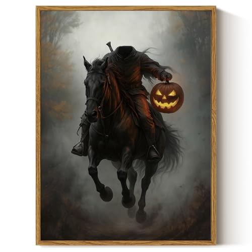 ARPEOTCY Vintage Framed Canvas Wall Art, 12x16inch, Gothic Headless Horseman Wall Decor, Dark Academia Art Prints Home Decorations, Dark Moody Paintings for Living Room Bedroom Office Decor - color: Pumpkin Knight, size: 16"L x 12"W