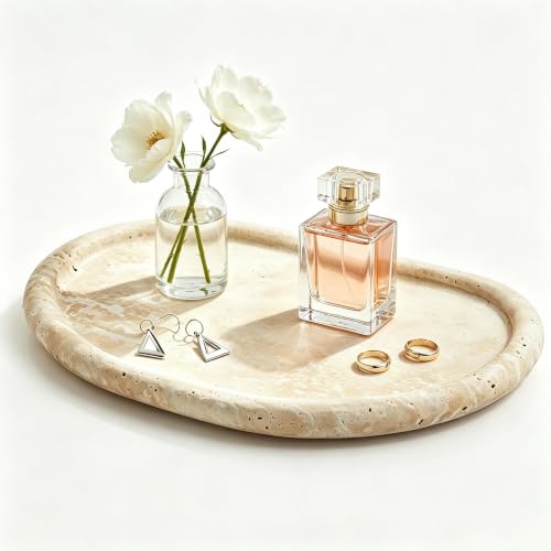 Natural Travertine Tray,Marble Ring Dish for Bathroom,Special-Shaped Jewelry Tray,Dressing Table, Bedside Table,Home Decor,Beige Large (NS030) - color: Beige, size: 10.2" x 7.1" x 0.6"