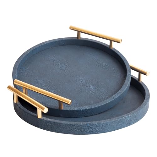 Modern Decorative Serving Tray, Round Shagreen Tray with Gold Polished Metal Handles, Decorative Trays Coffee Table Ottoman Trays for Living Room Bathroom Home Decor, Set of 2 (Blue) - color: Blue