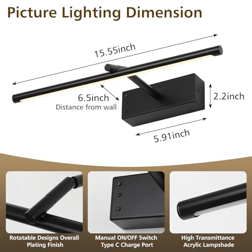 16in Wireless Picture Light, Battery Operated LED Wall Sconce - color: Black